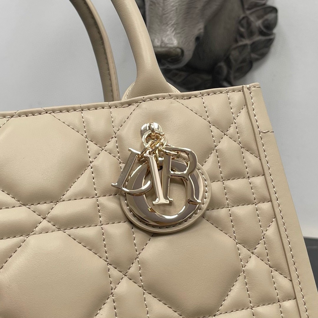 D*or small book tote bag with strap in beige macrocannage calfskin