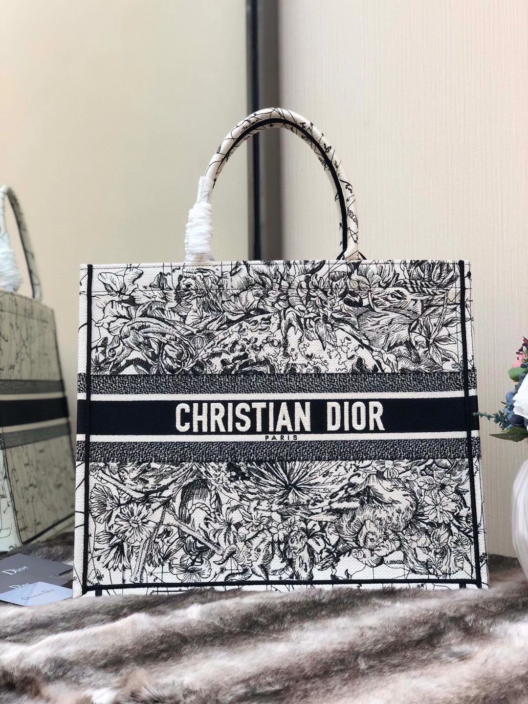 D*or book tote bag in latte zodiac embroidery