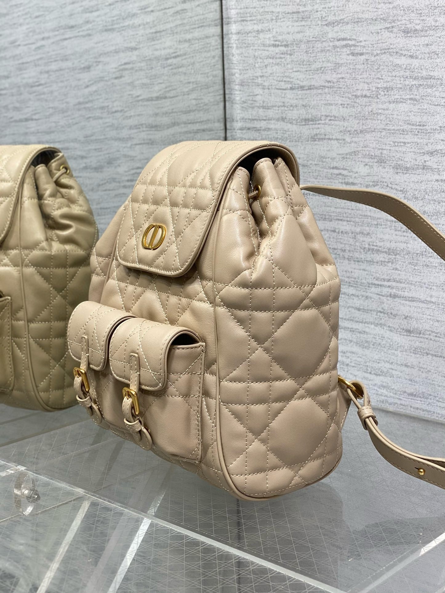 D*or caro medium backpack in beige macrocannage lambskin
