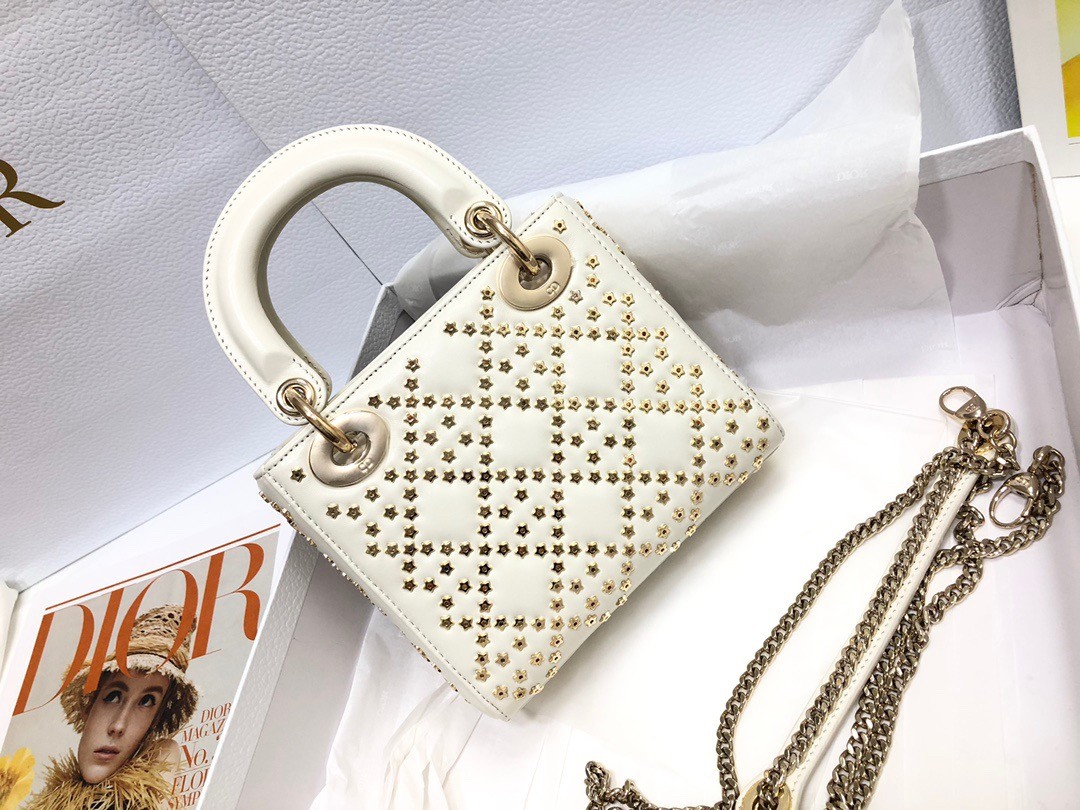 D*or mini lady D*or bag in white lambskin with star embroidery