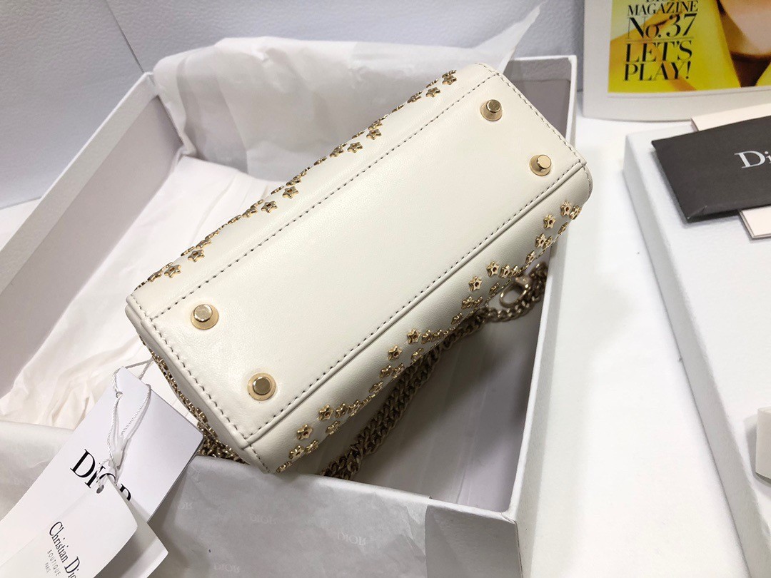 D*or mini lady D*or bag in white lambskin with star embroidery