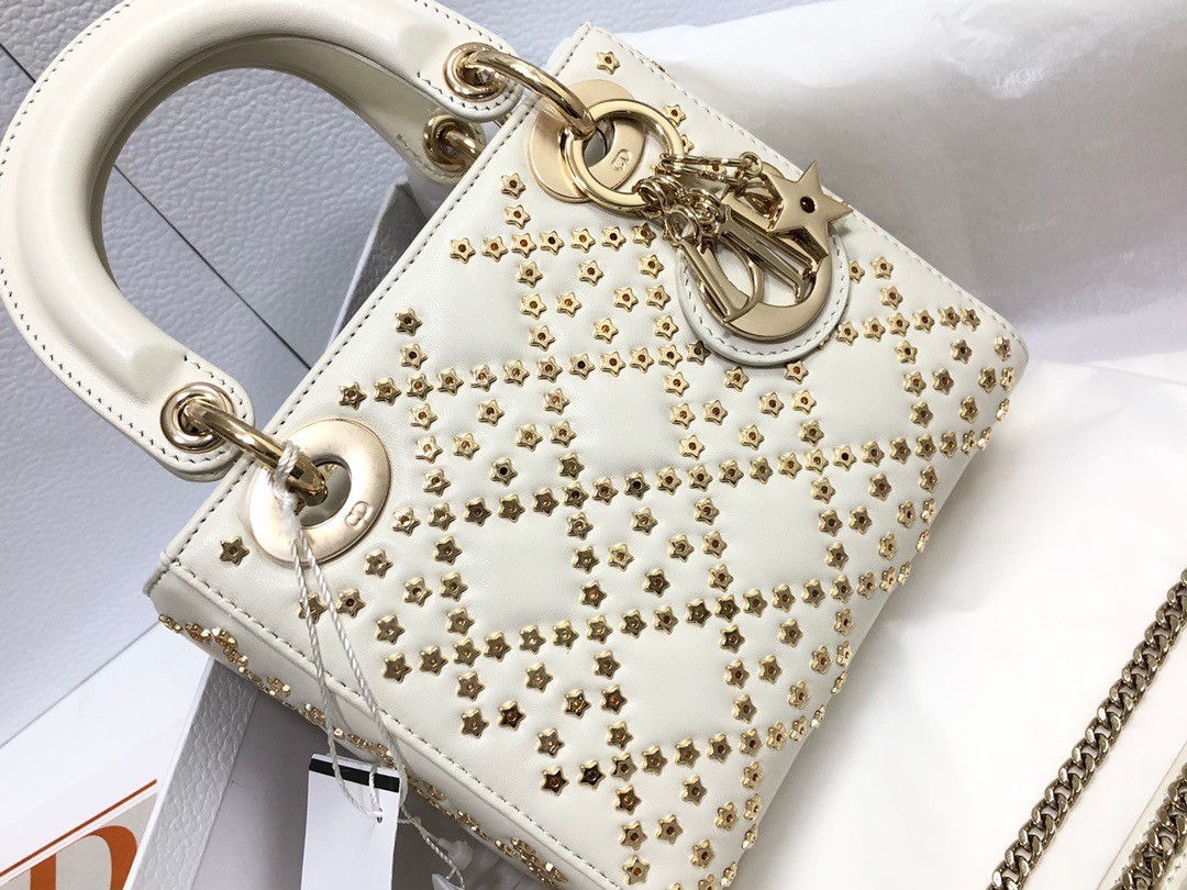 D*or mini lady D*or bag in white lambskin with star embroidery