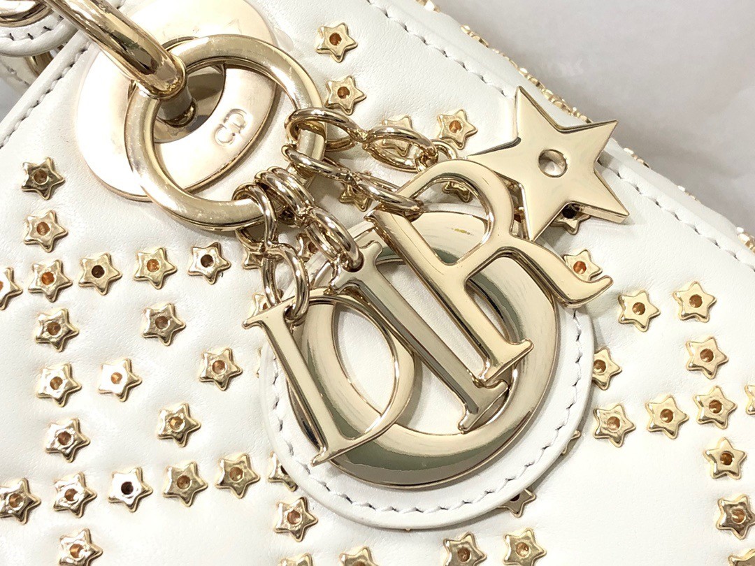 D*or mini lady D*or bag in white lambskin with star embroidery