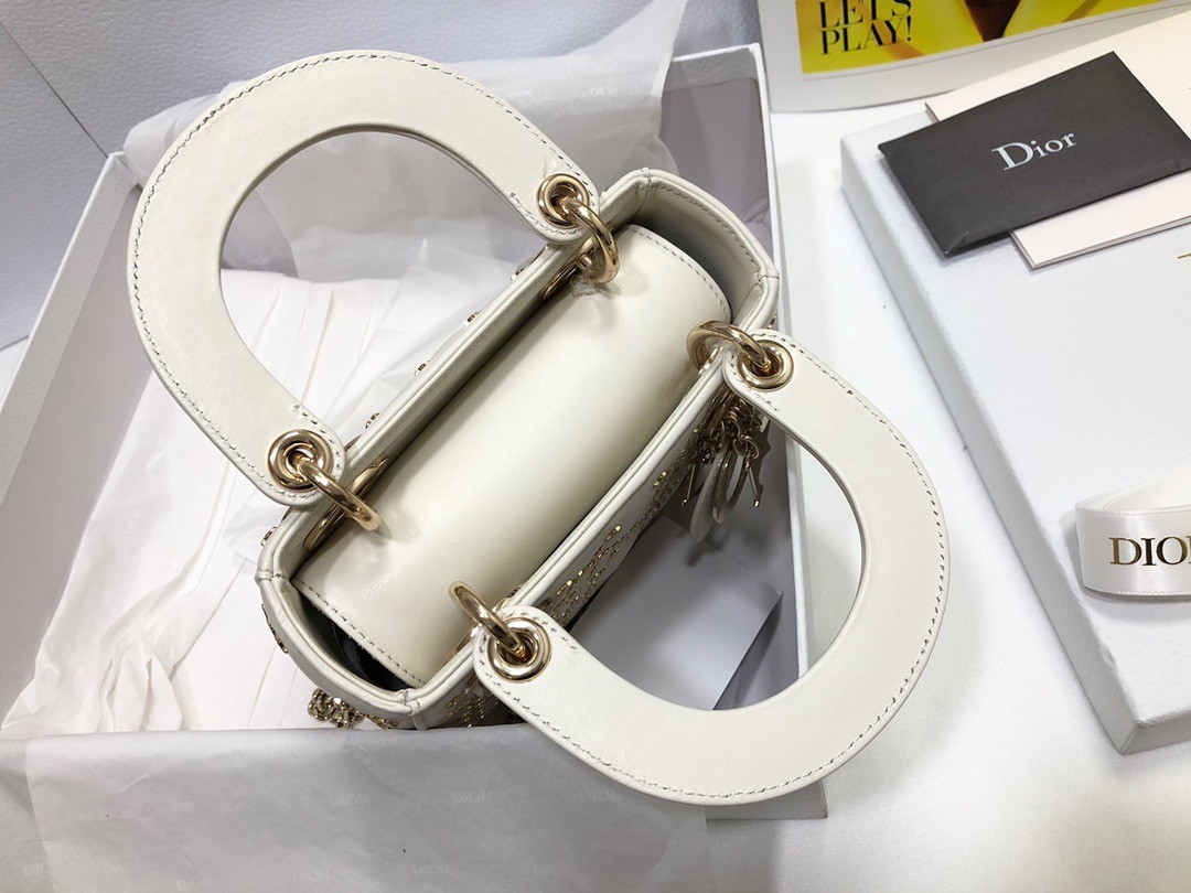 D*or mini lady D*or bag in white lambskin with star embroidery