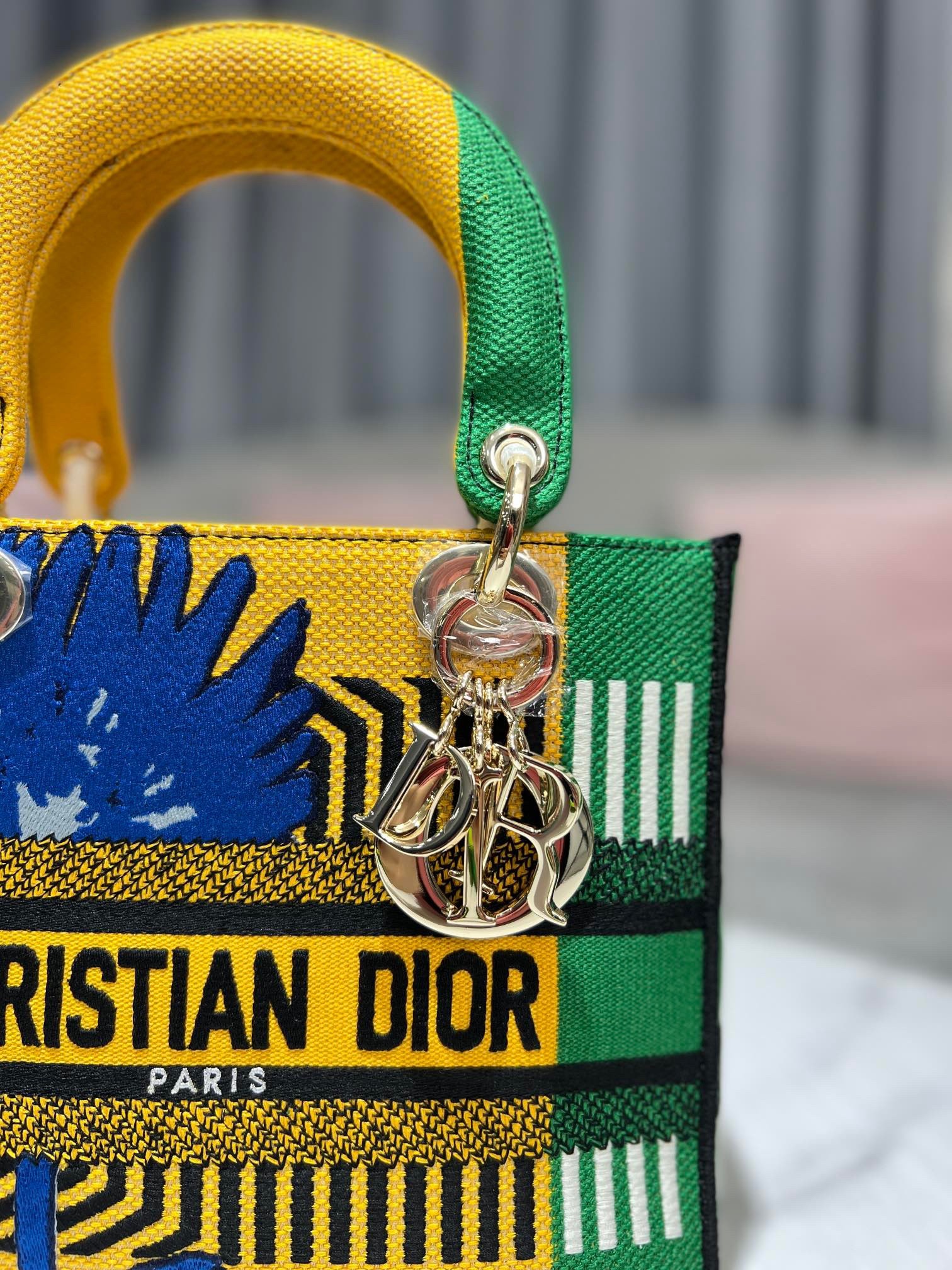 D*or medium lady d-lite bag in yellow and green d-flower pop embroidery