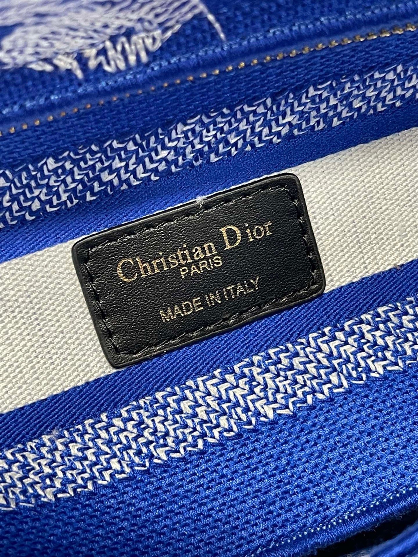 D*or medium lady d-lite bag in fluorescent blue toile de jouy reverse embroidery