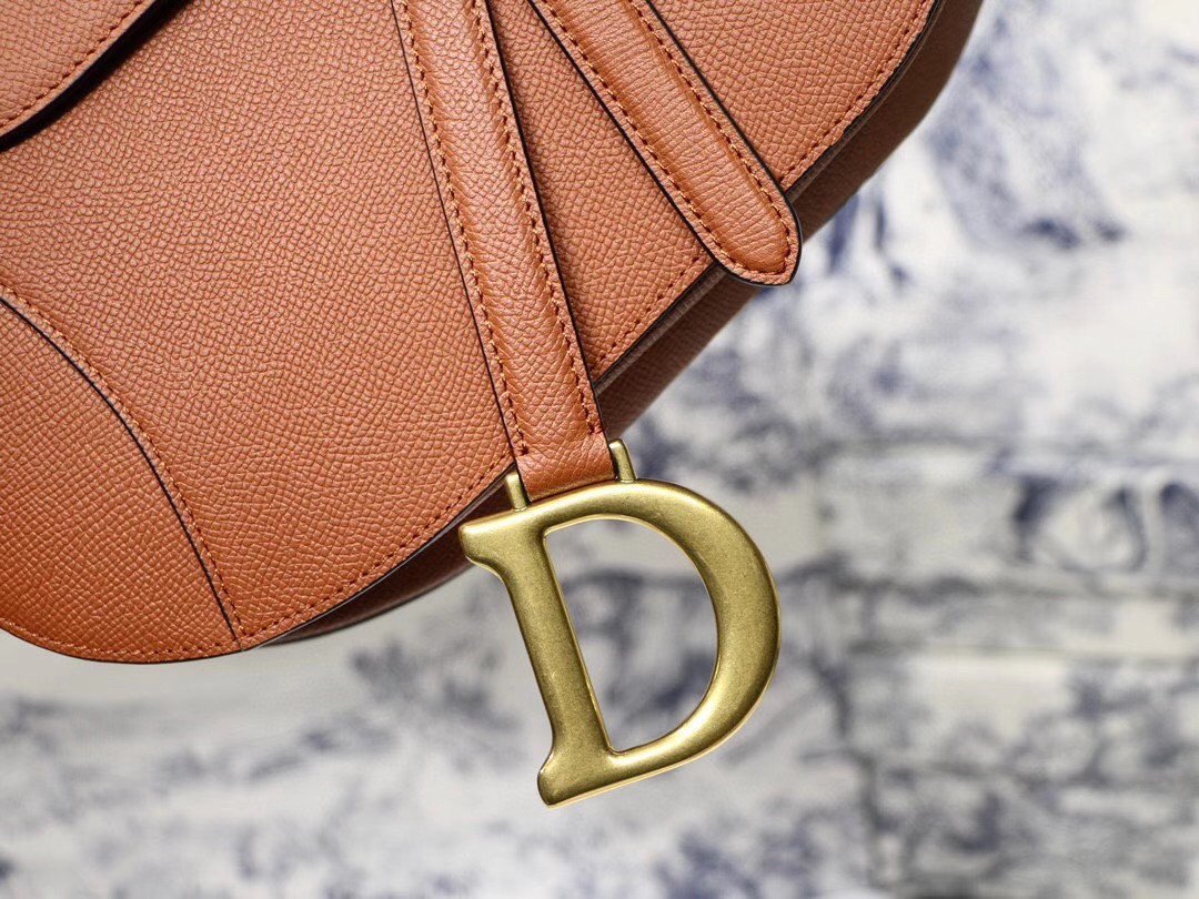 D*or saddle bag in dark tan grained calfskin