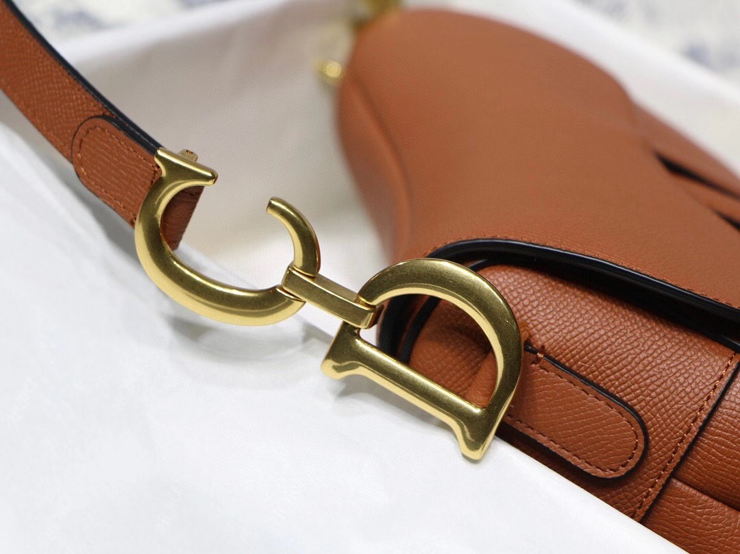 D*or saddle bag in dark tan grained calfskin