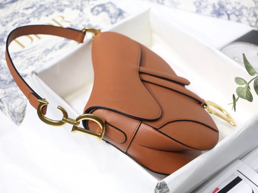 D*or saddle bag in dark tan grained calfskin