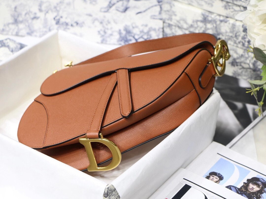 D*or saddle bag in dark tan grained calfskin