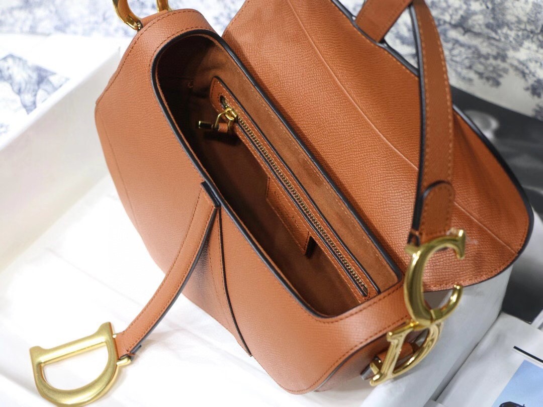 D*or saddle bag in dark tan grained calfskin