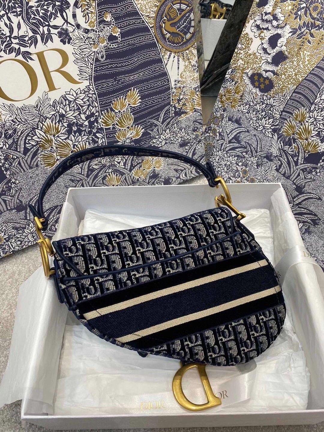 Replica Dior Saddle Bag In Blue Dior Oblique Embroidered Velvet