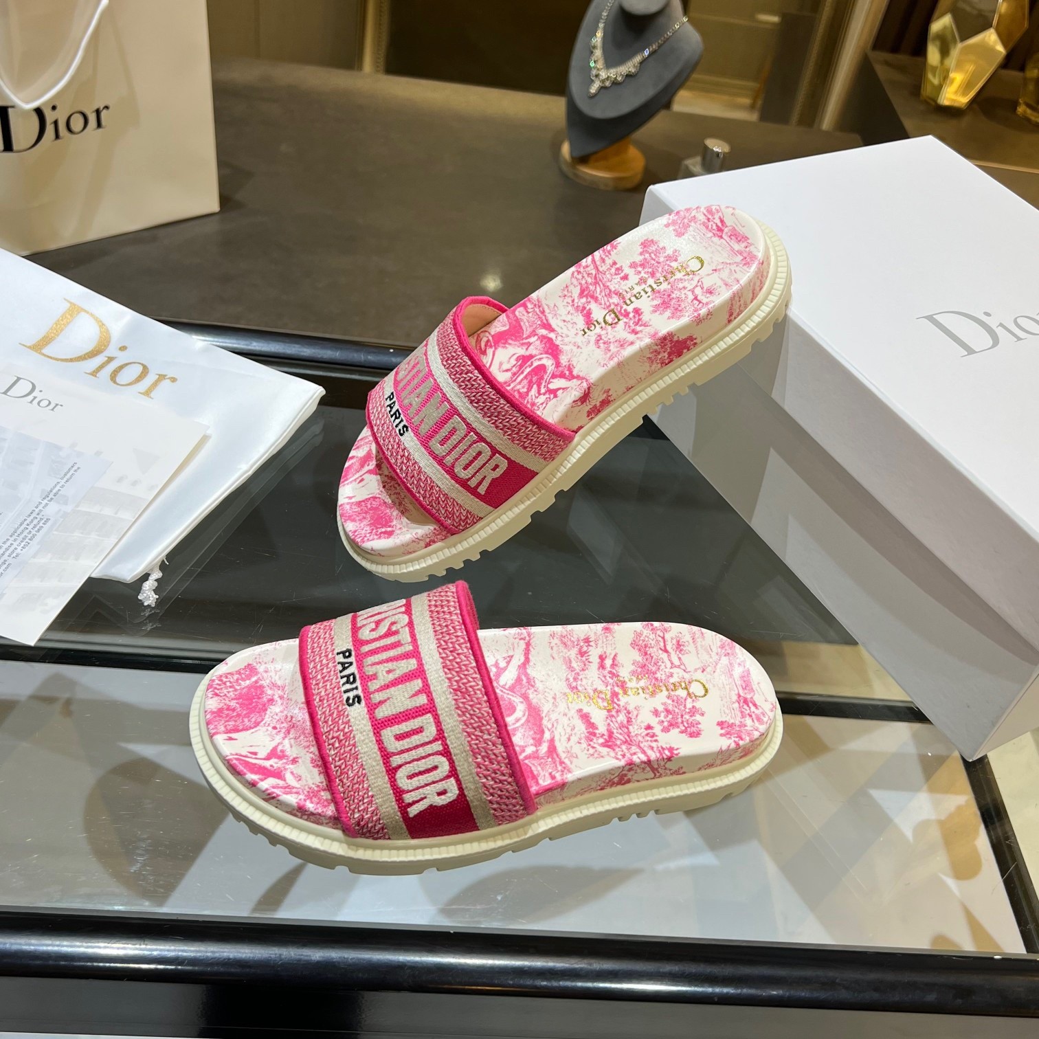 Replica Dior Dway Slides In Bright Pink Toile de Jouy Embroidered Cotton