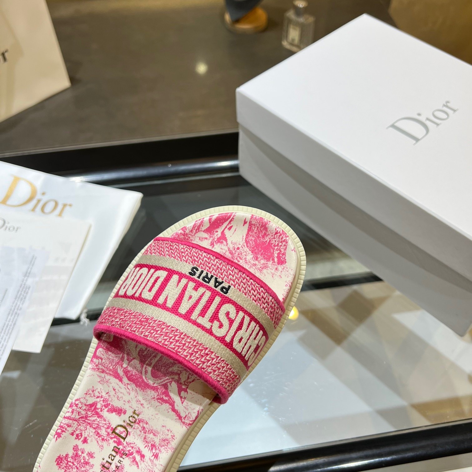 Replica Dior Dway Slides In Bright Pink Toile de Jouy Embroidered Cotton