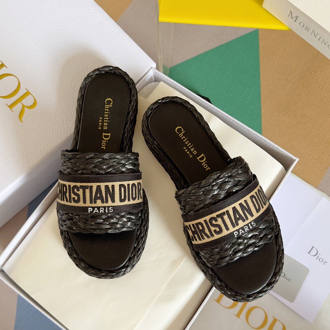 Replica Dior Dway Slides In Black Embroidered Raffia and Cotton