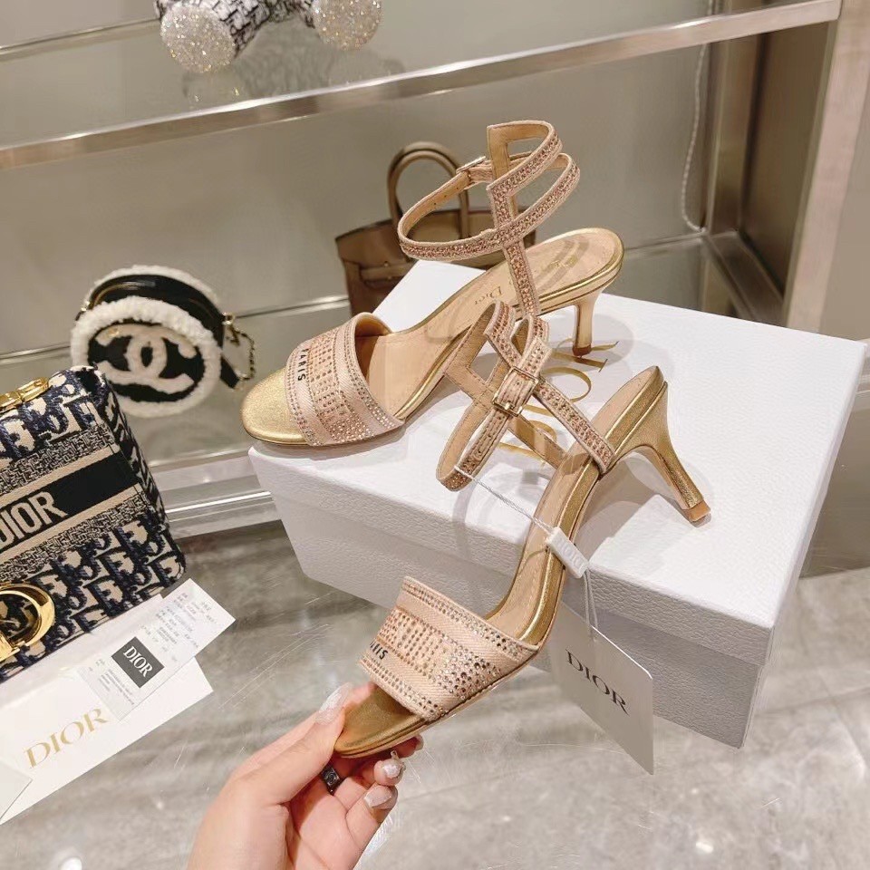 Replica Dior Dway Heeled Sandals In Gold Cotton with Strass