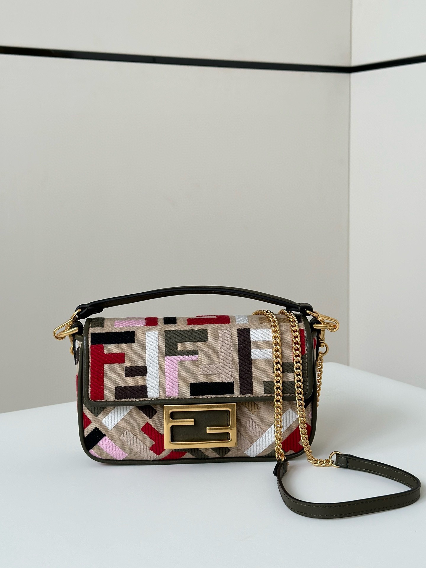 F**di baguette mini bag in canvas with multicolor ff embroidery