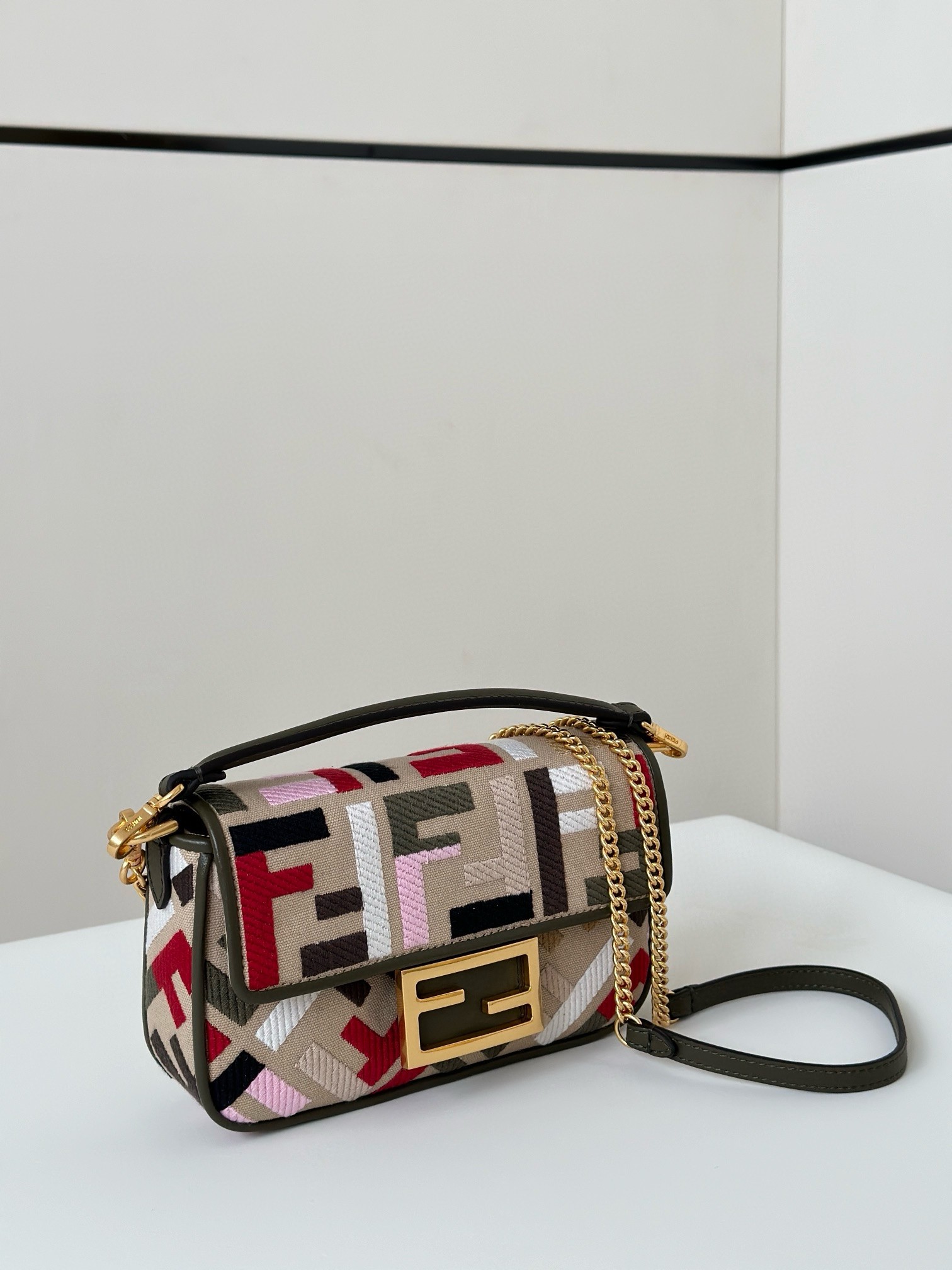F**di baguette mini bag in canvas with multicolor ff embroidery