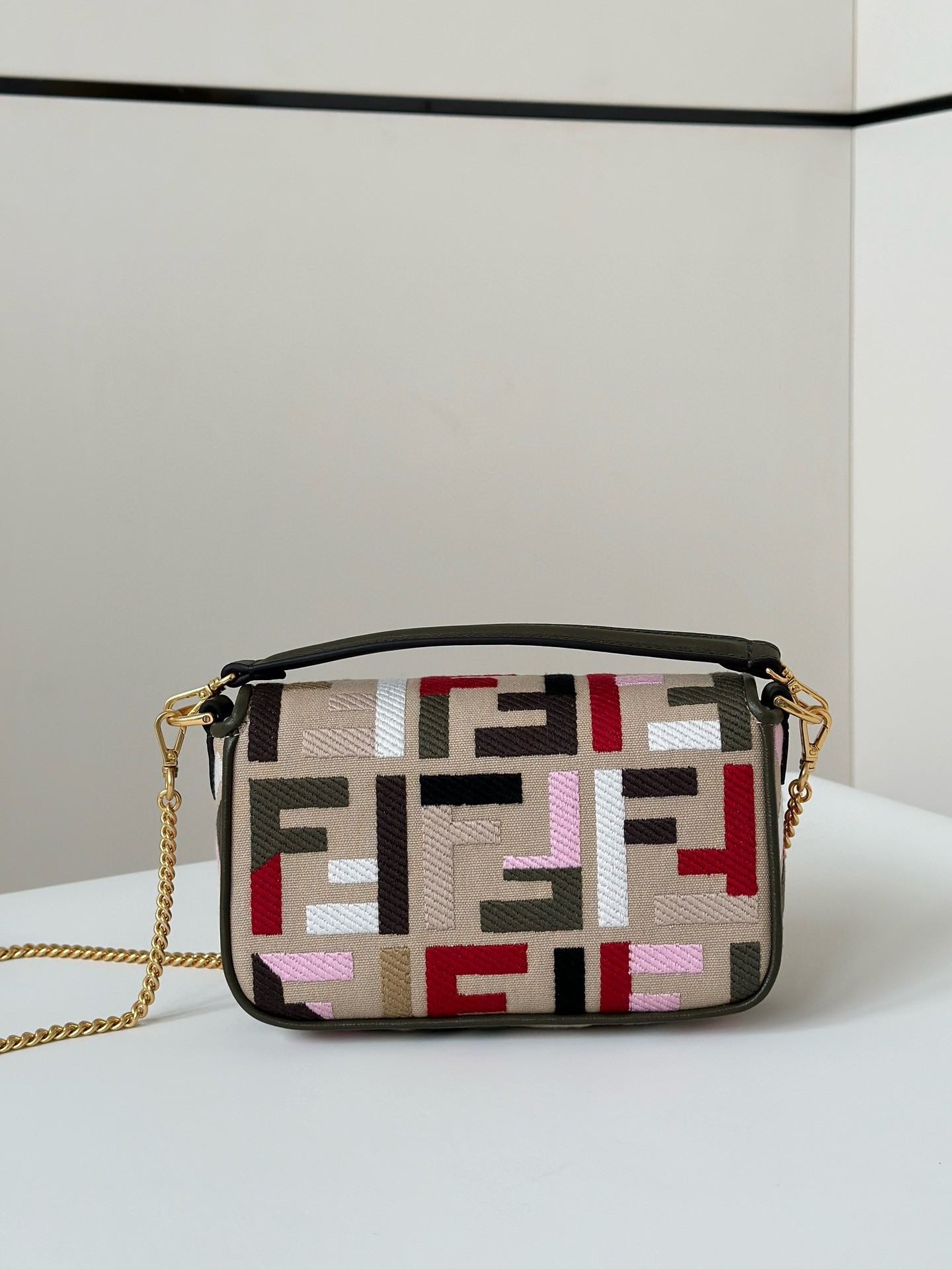 F**di baguette mini bag in canvas with multicolor ff embroidery