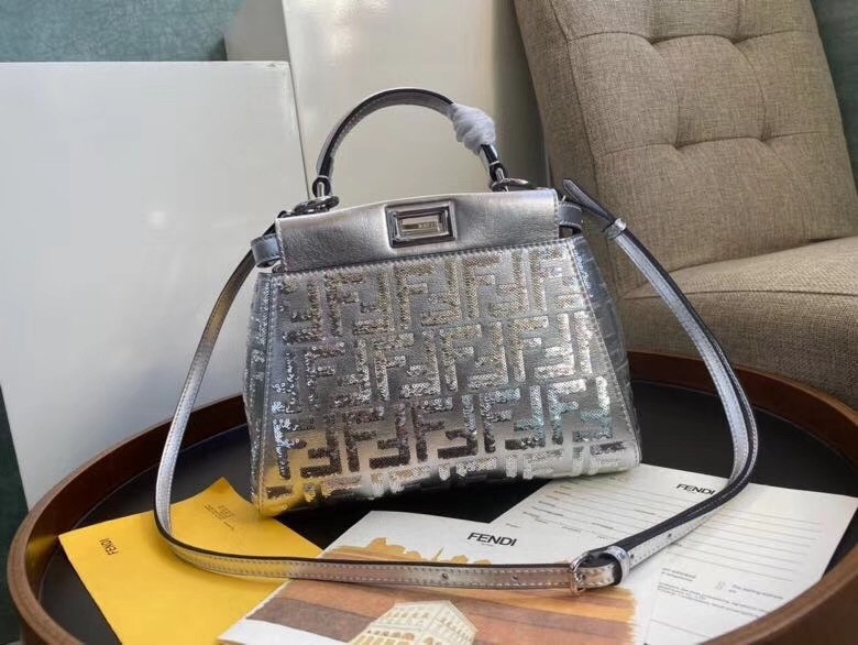 F**di peekaboo mini bag in silver lambskin with ff sequins