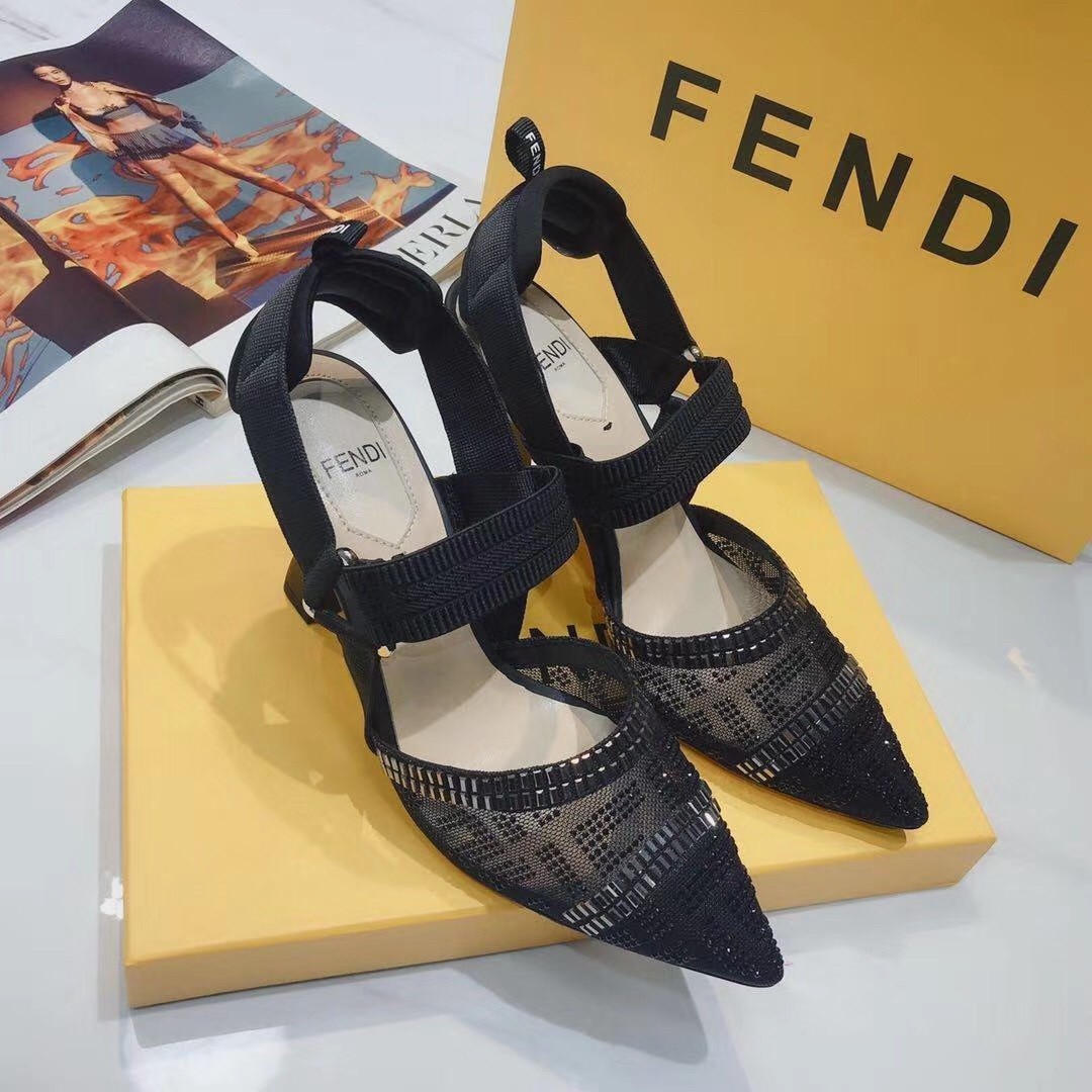 Replica Fendi Black Mesh Colibri Slingbacks 55mm With Rhinestone