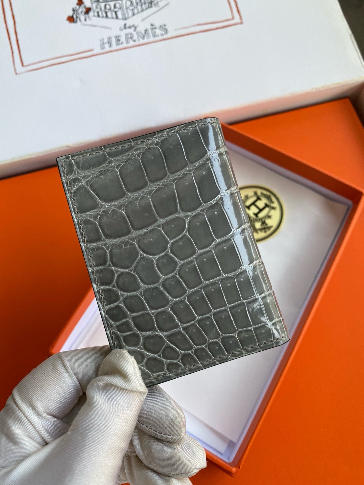 H**mes mc² euclide card holder in blue glacier shiny alligator leather