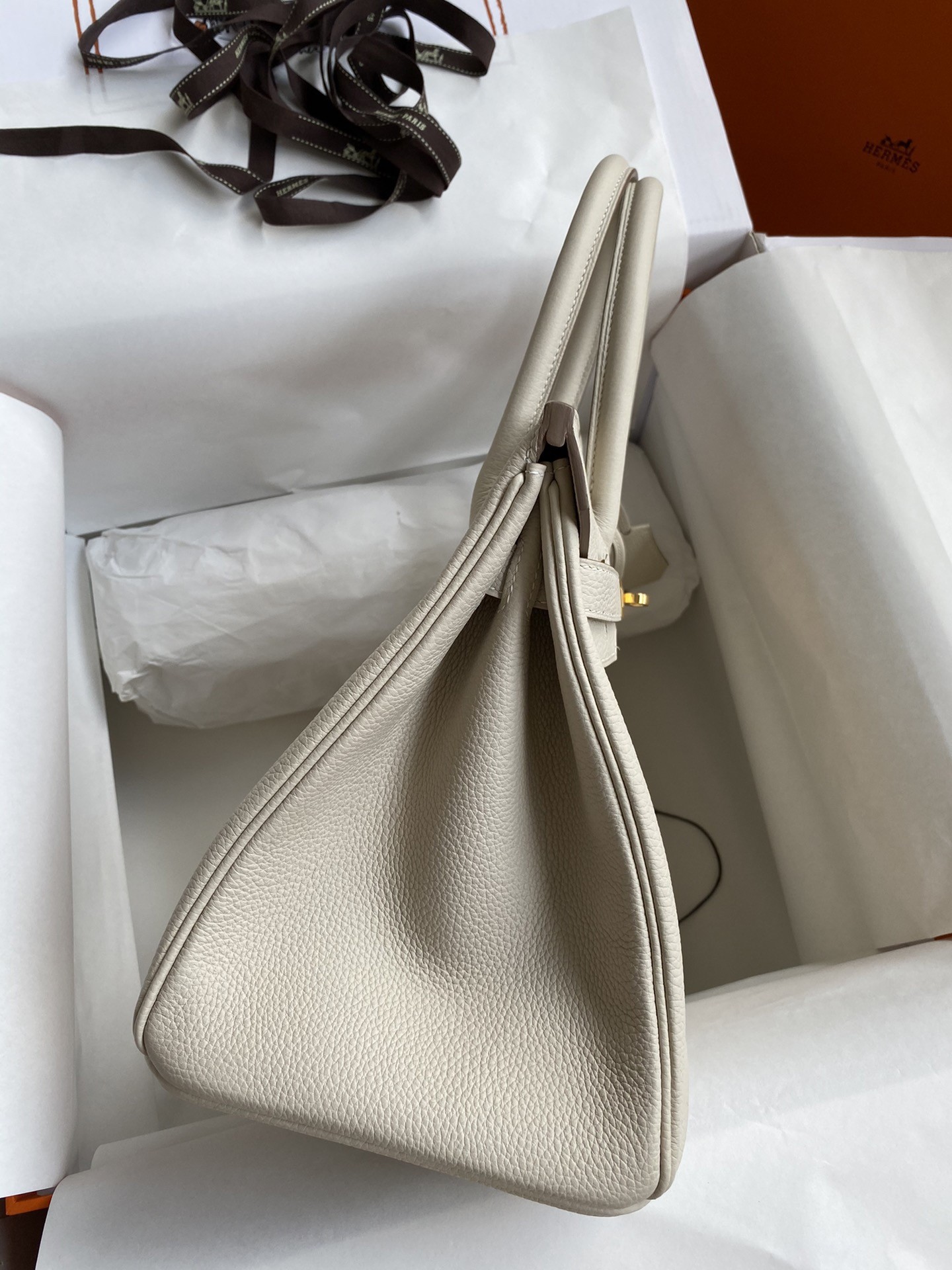 H**mes birkin 30 retourne handmade bag in craie clemence leather