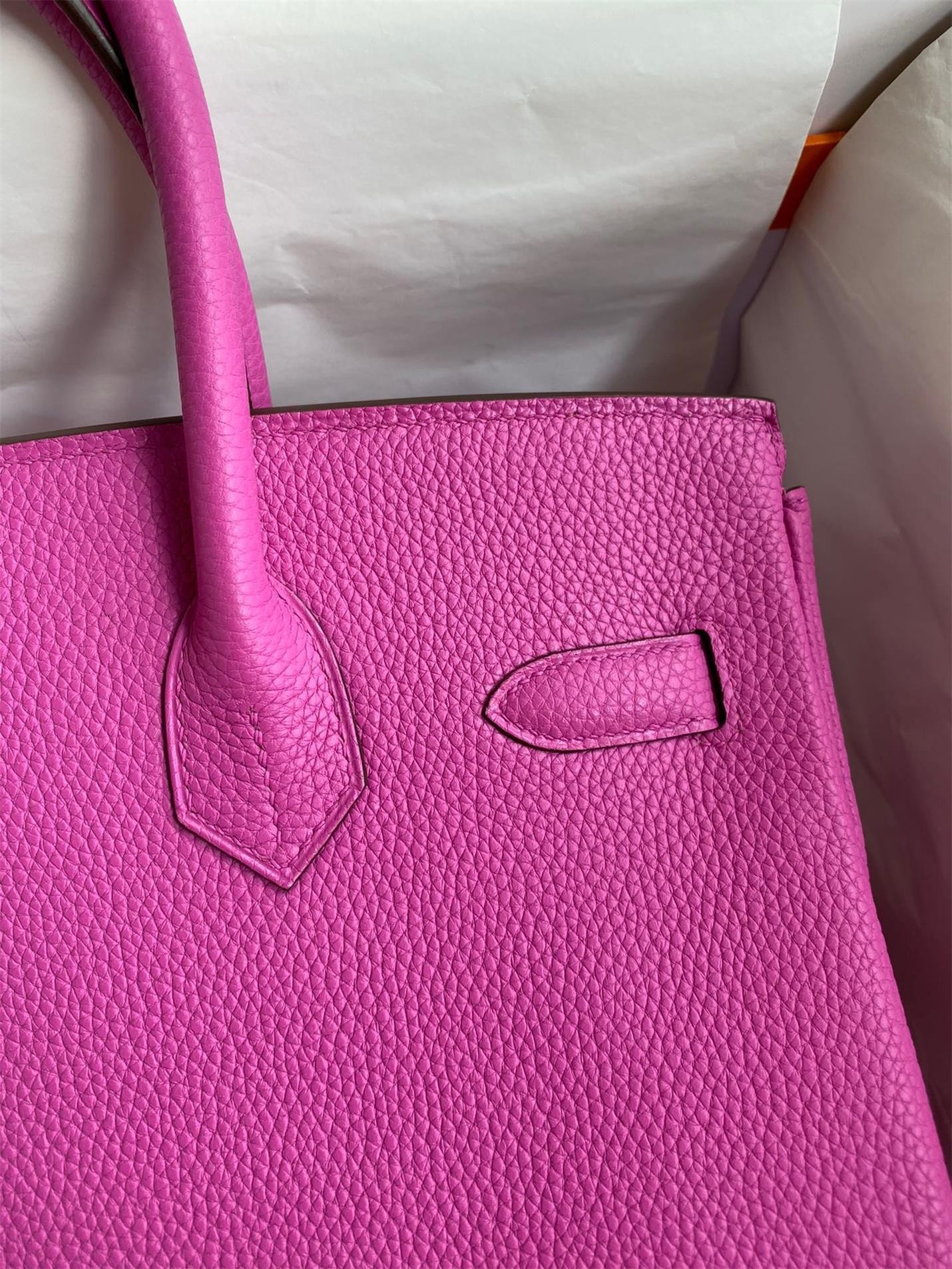 H**mes birkin 30 retourne handmade bag in magnolia clemence leather