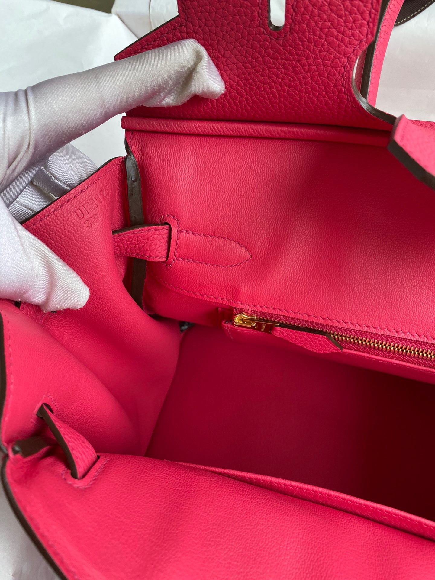 H**mes birkin 30 retourne handmade bag in rose red clemence leather