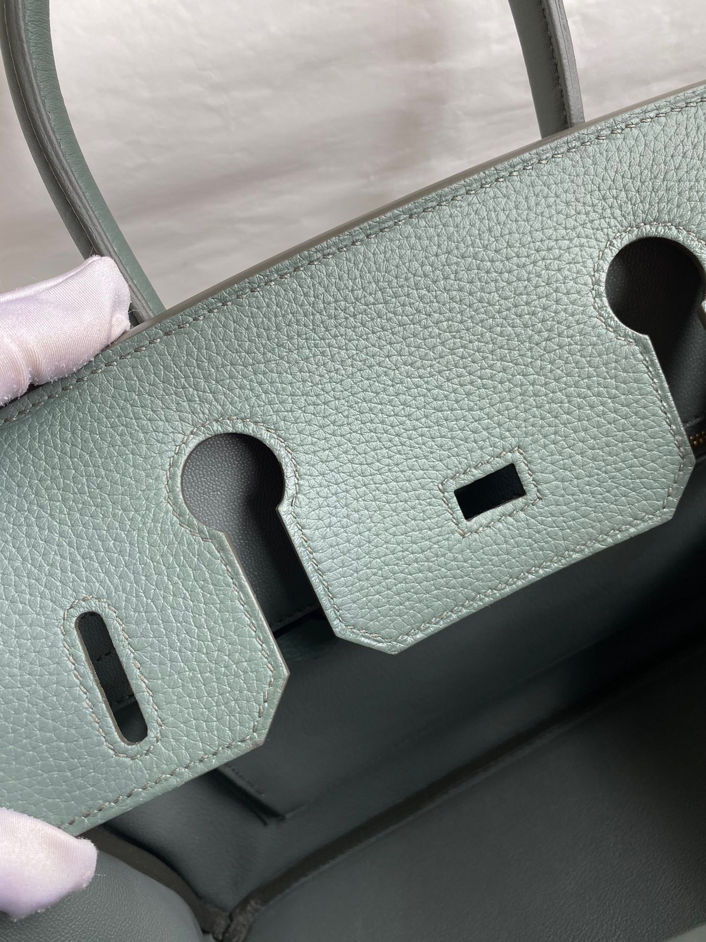 H**mes birkin 30 retourne handmade bag in vert amande clemence leather