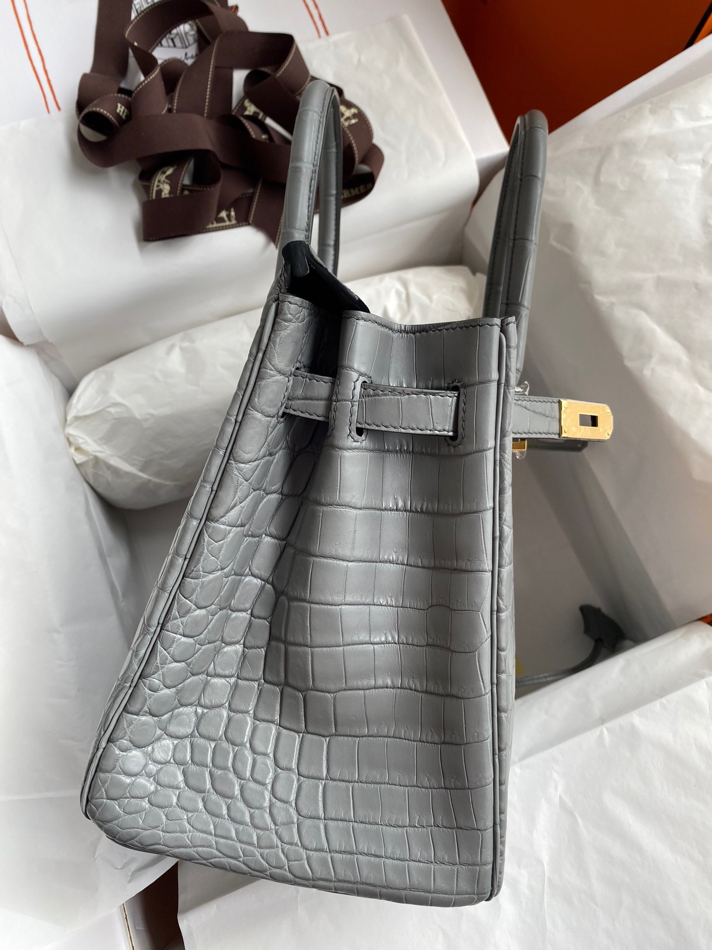 H**mes birkin 30 handmade bag in etain crocodile niloticus matte skin