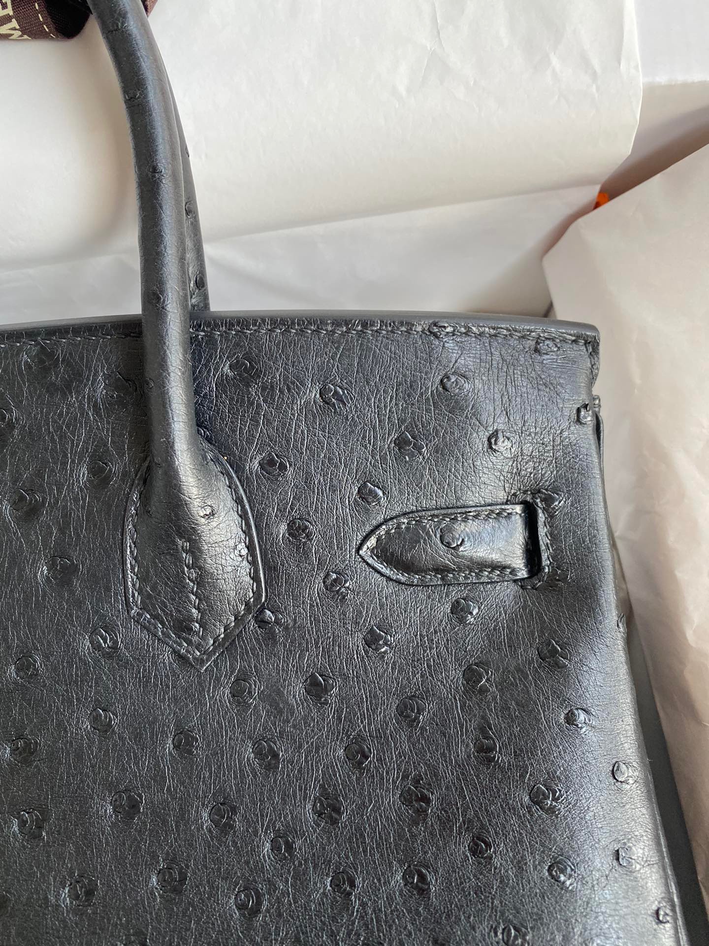 H**mes birkin 30 retourne handmade bag in black ostrich leather
