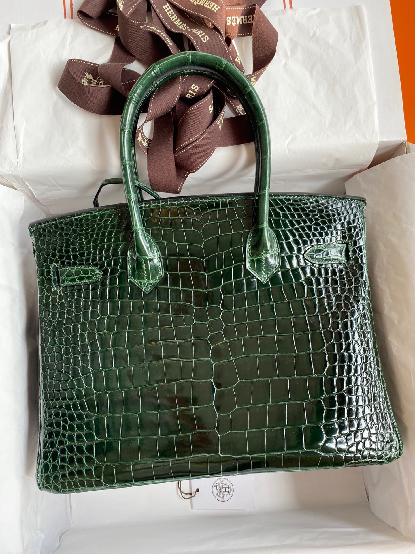 H**mes birkin 30 handmade bag in green crocodile porosus shiny skin