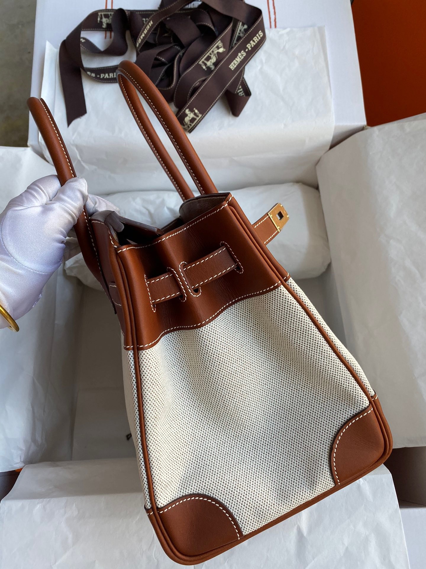 H**mes birkin 30 handmade bag in toile & gold swift leather