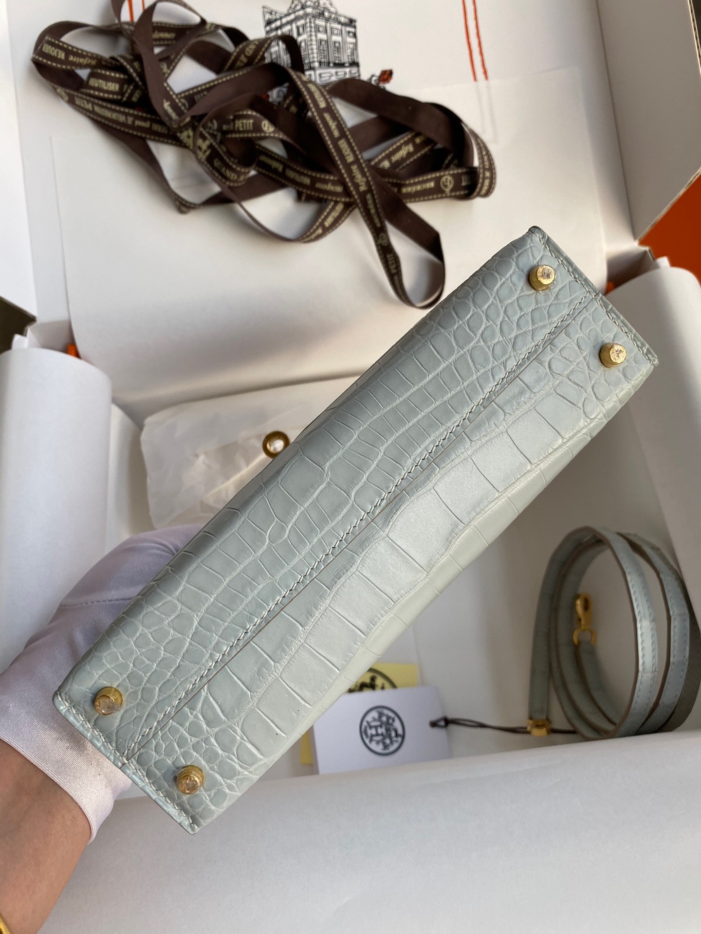 H**mes kelly mini ii sellier handmade bag in blue glacier matte alligator leather