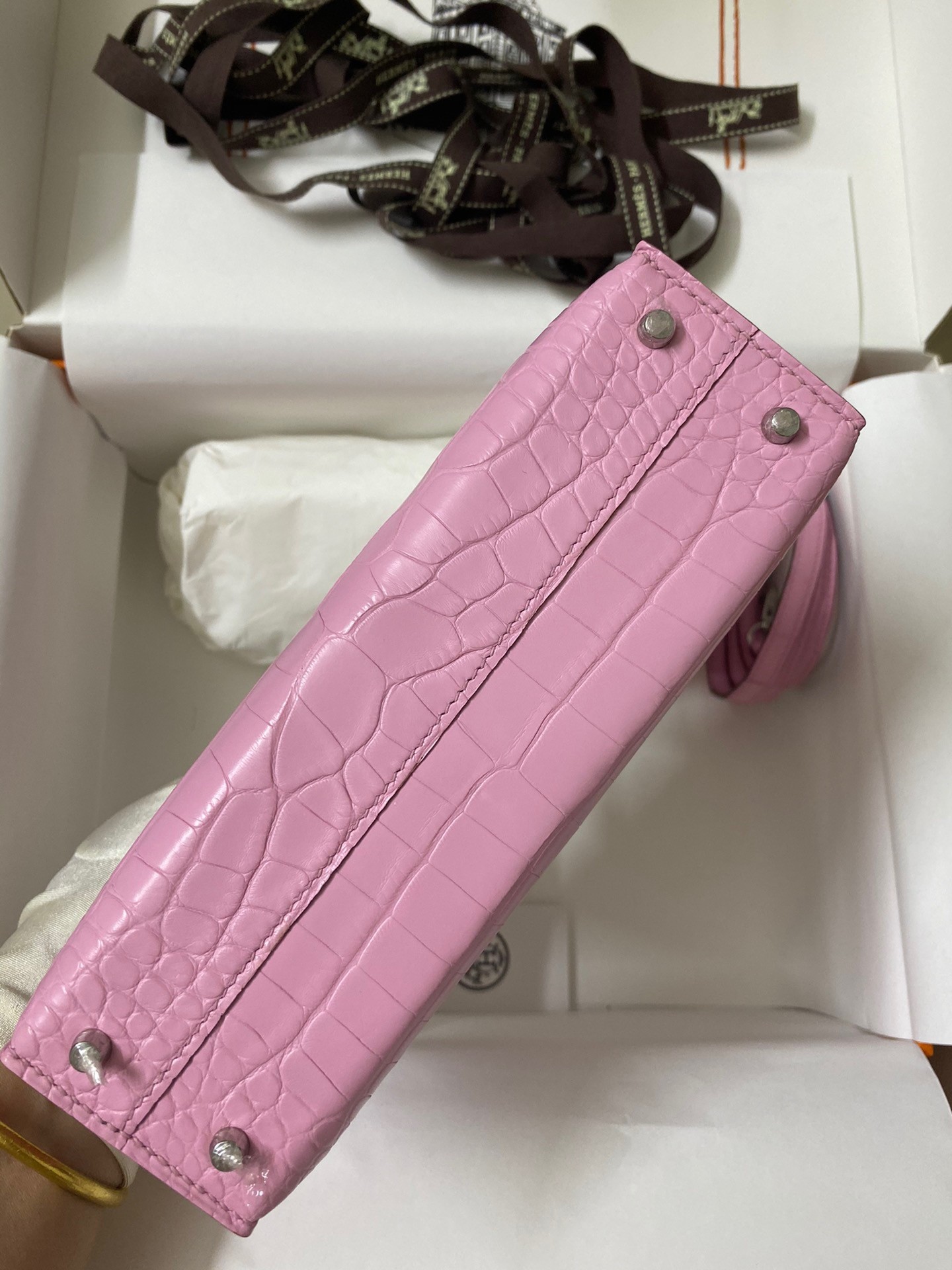 H**mes kelly mini ii sellier handmade bag in mauve sylvestre matte alligator leather
