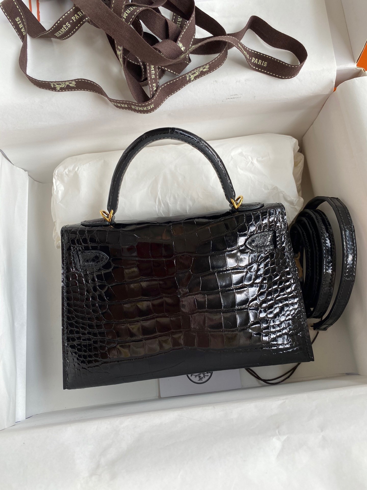 H**mes kelly mini ii sellier handmade bag in black shiny alligator leather