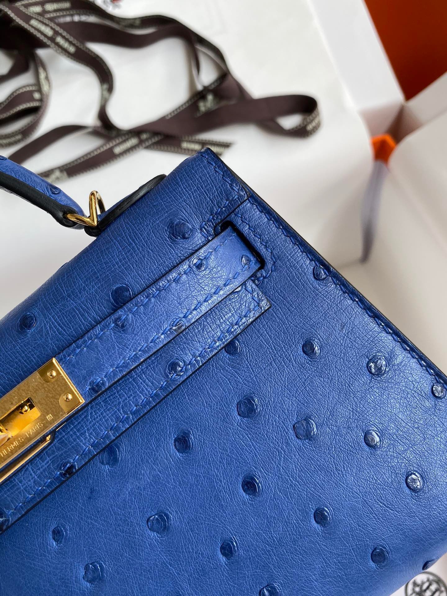 H**mes kelly mini ii sellier handmade bag in blue electric ostrich leather