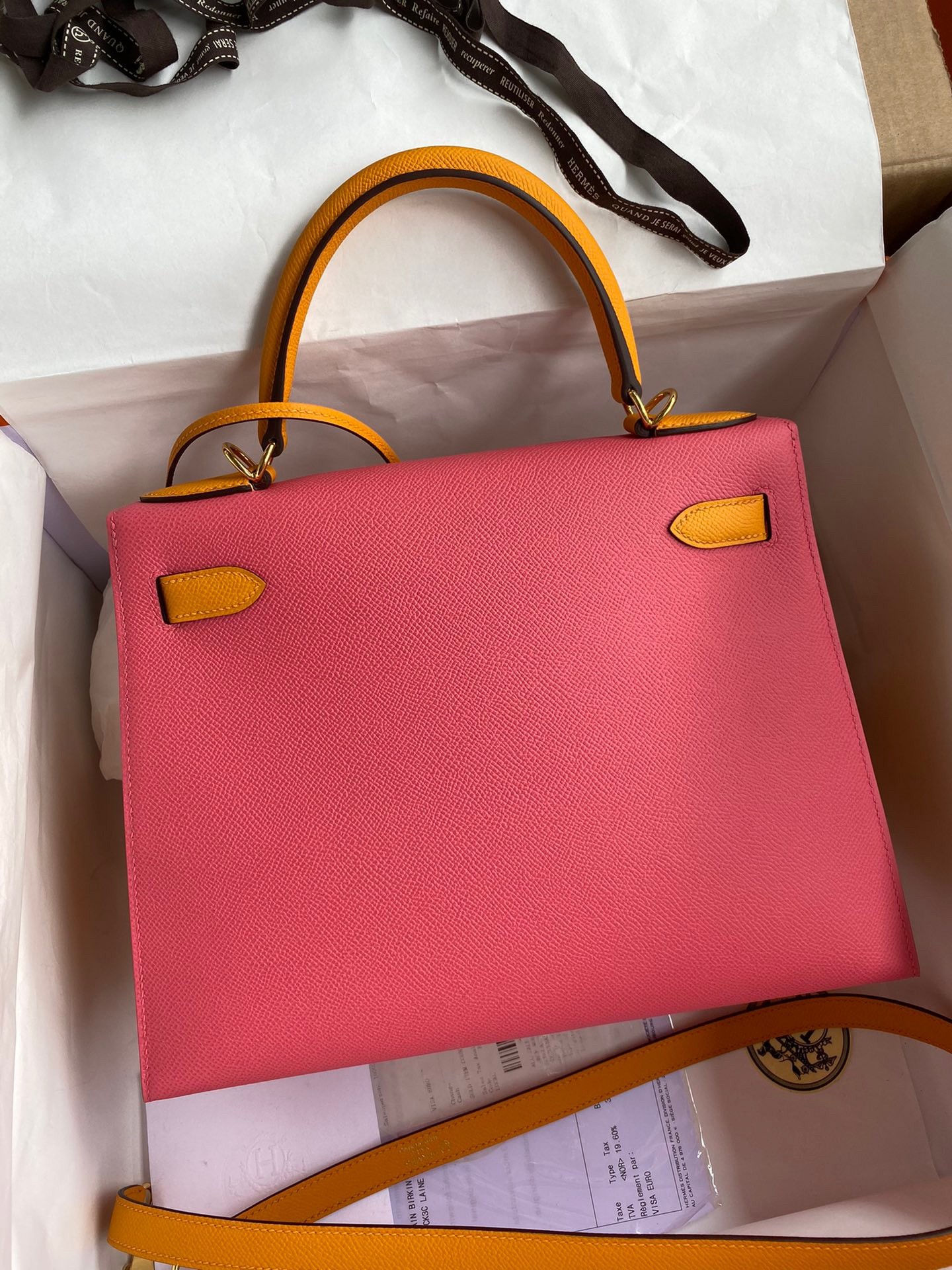 H**mes kelly sellier 28 bicolor bag in rose lipstick and yellow epsom calfskin