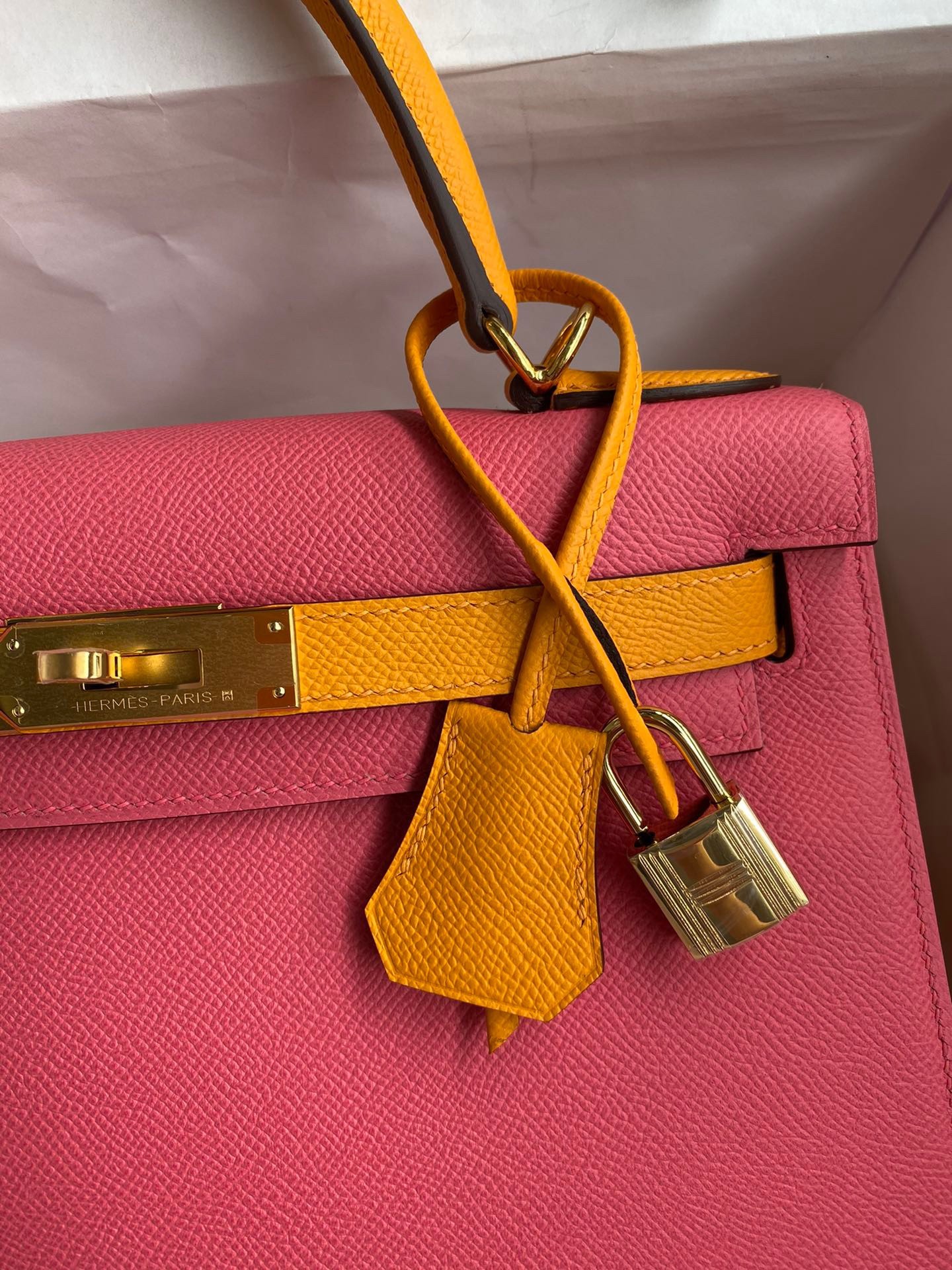 H**mes kelly sellier 28 bicolor bag in rose lipstick and yellow epsom calfskin