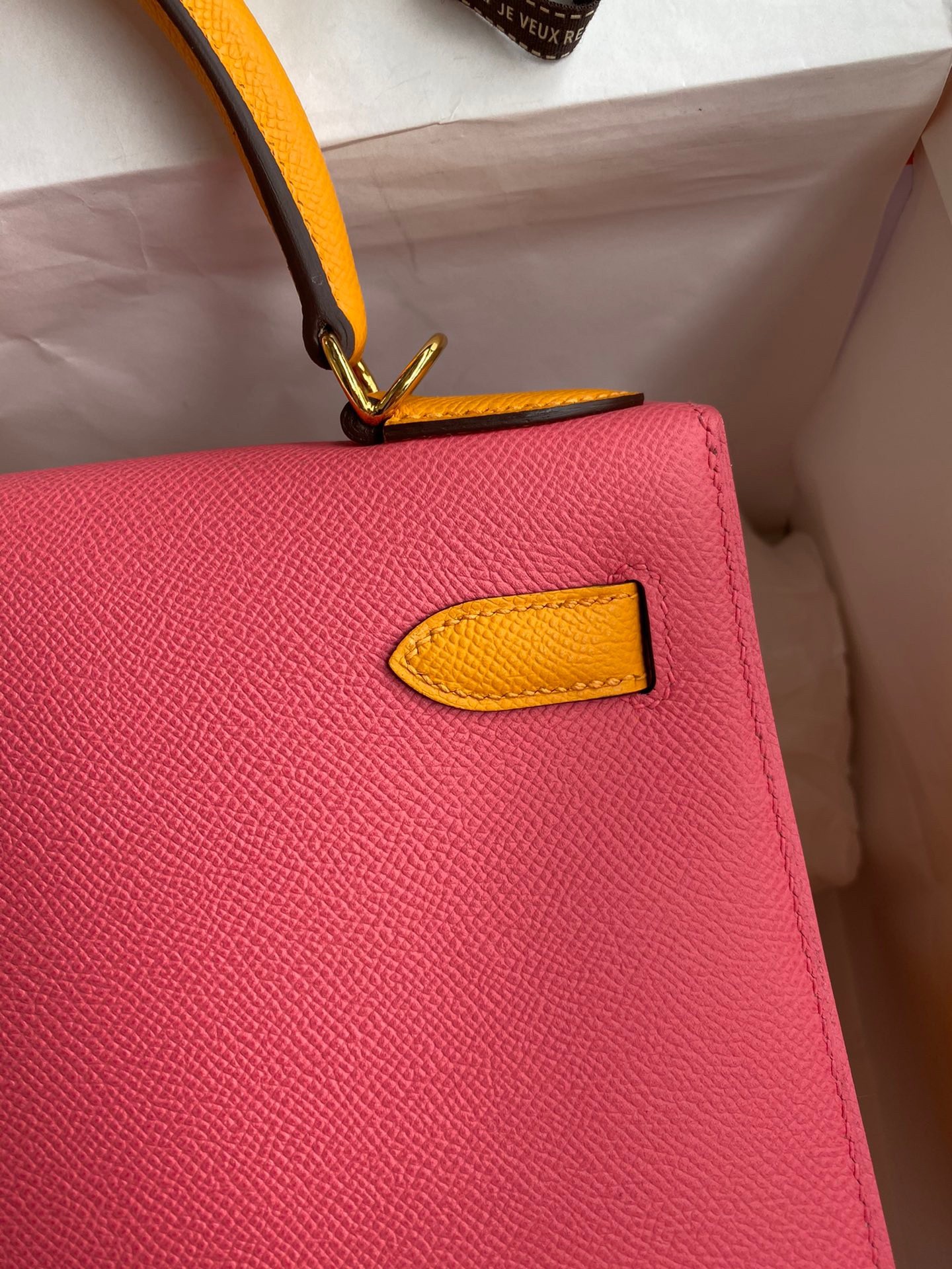 H**mes kelly sellier 28 bicolor bag in rose lipstick and yellow epsom calfskin