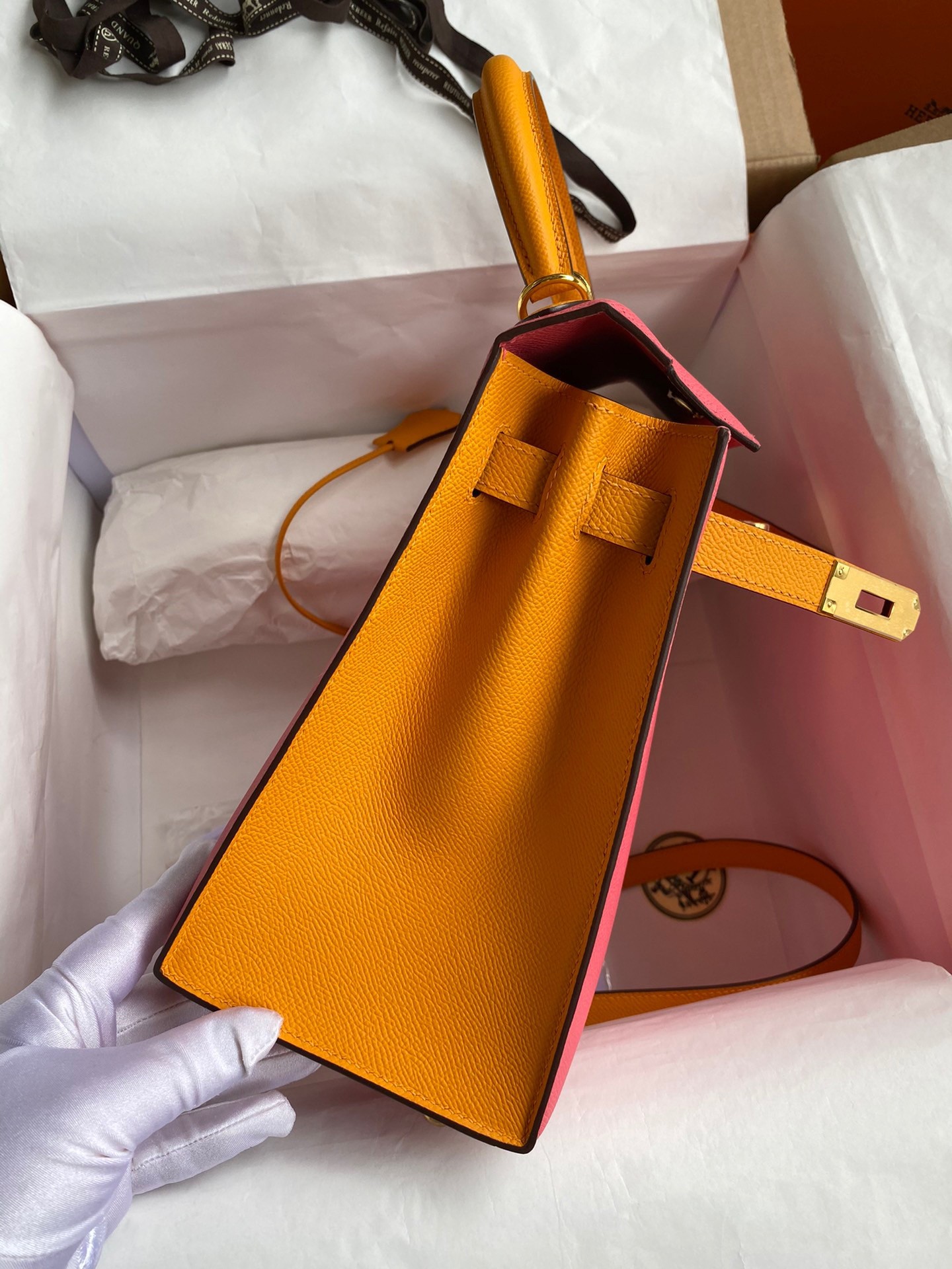 H**mes kelly sellier 28 bicolor bag in rose lipstick and yellow epsom calfskin