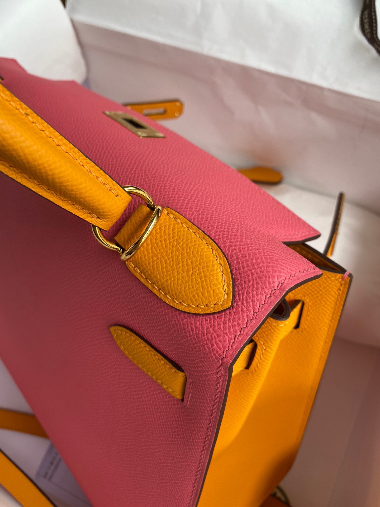 H**mes kelly sellier 28 bicolor bag in rose lipstick and yellow epsom calfskin
