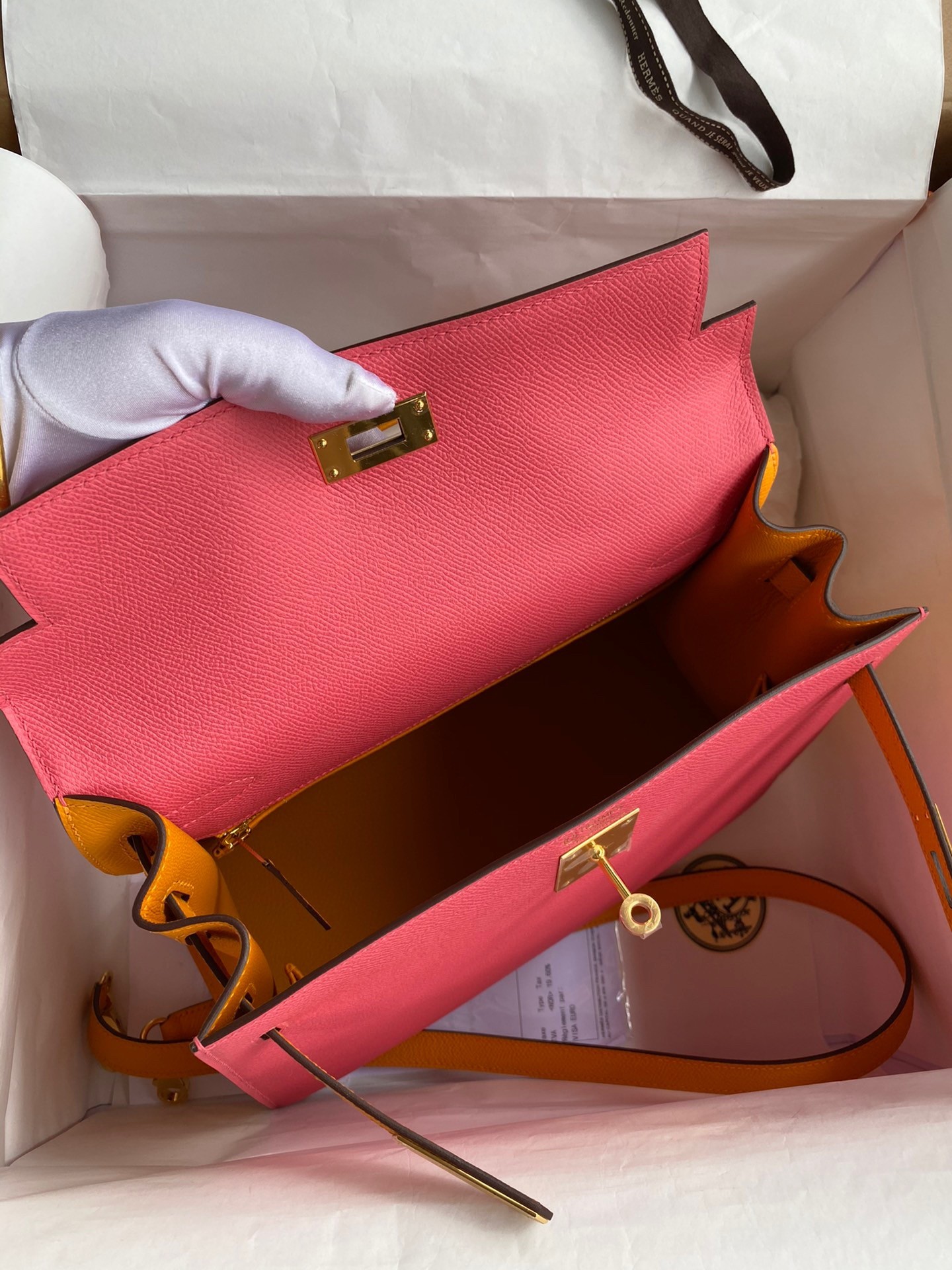 H**mes kelly sellier 28 bicolor bag in rose lipstick and yellow epsom calfskin