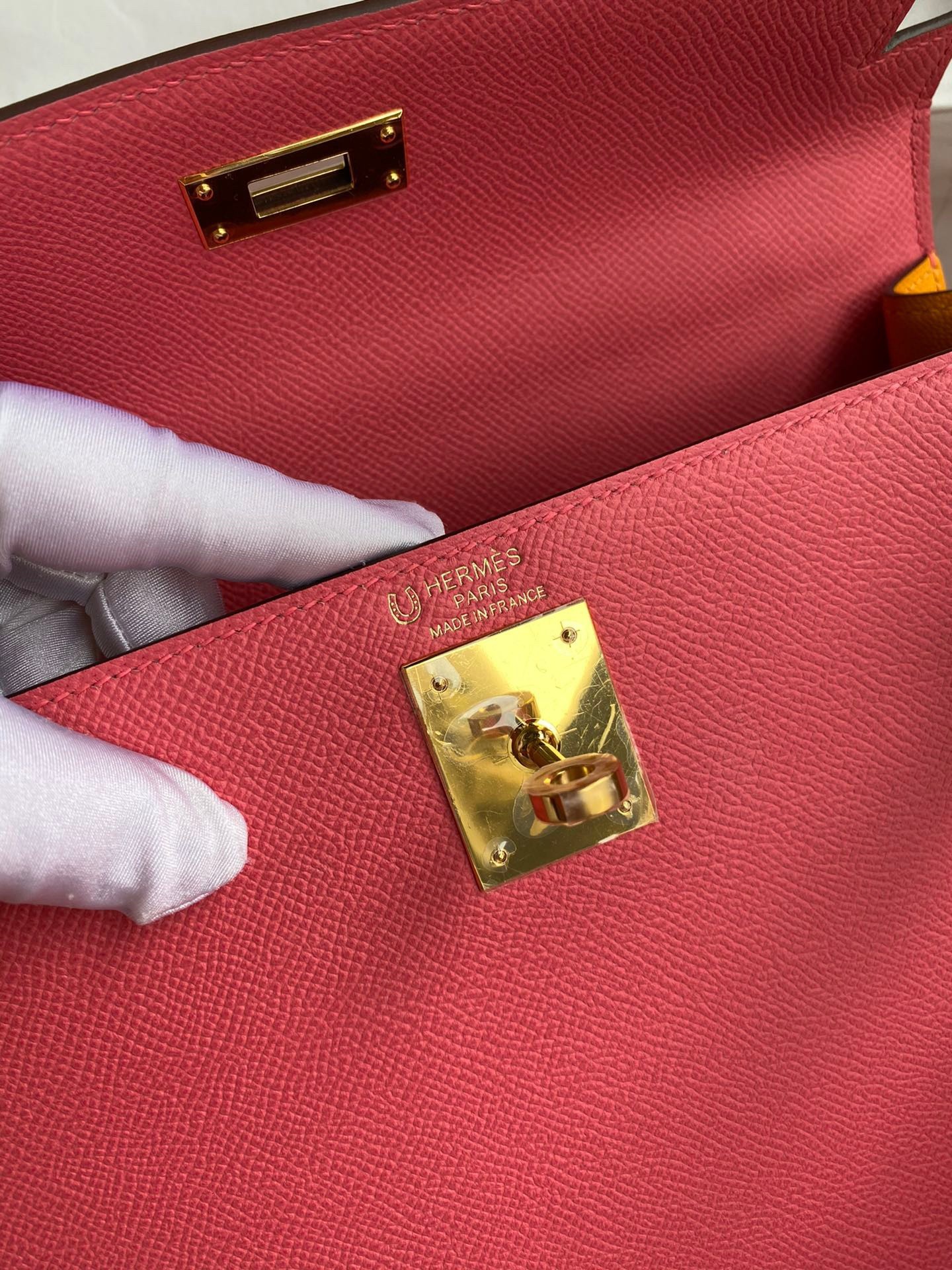 H**mes kelly sellier 28 bicolor bag in rose lipstick and yellow epsom calfskin