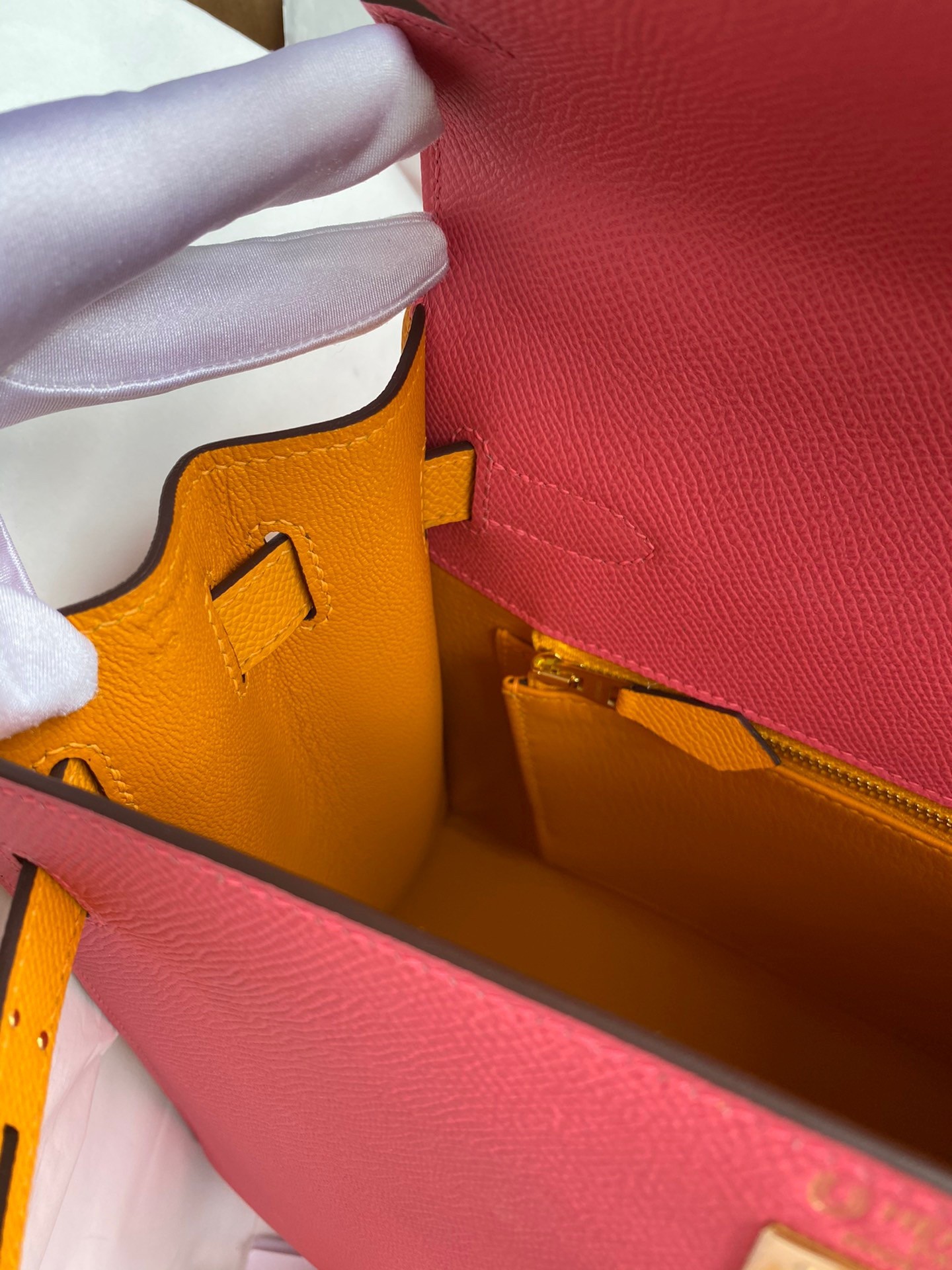 H**mes kelly sellier 28 bicolor bag in rose lipstick and yellow epsom calfskin