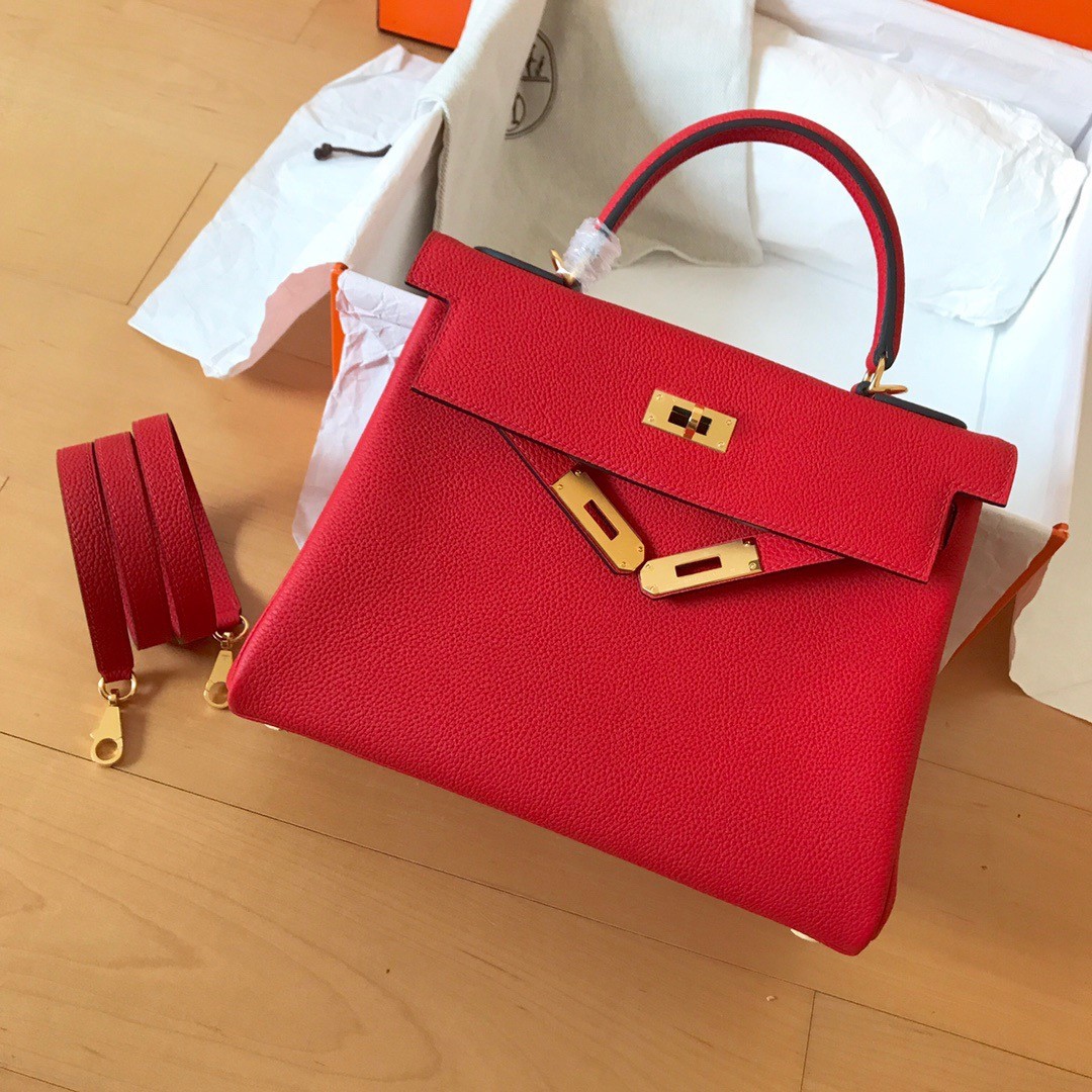 H**mes kelly retourne 28 handmade bag in red clemence leather