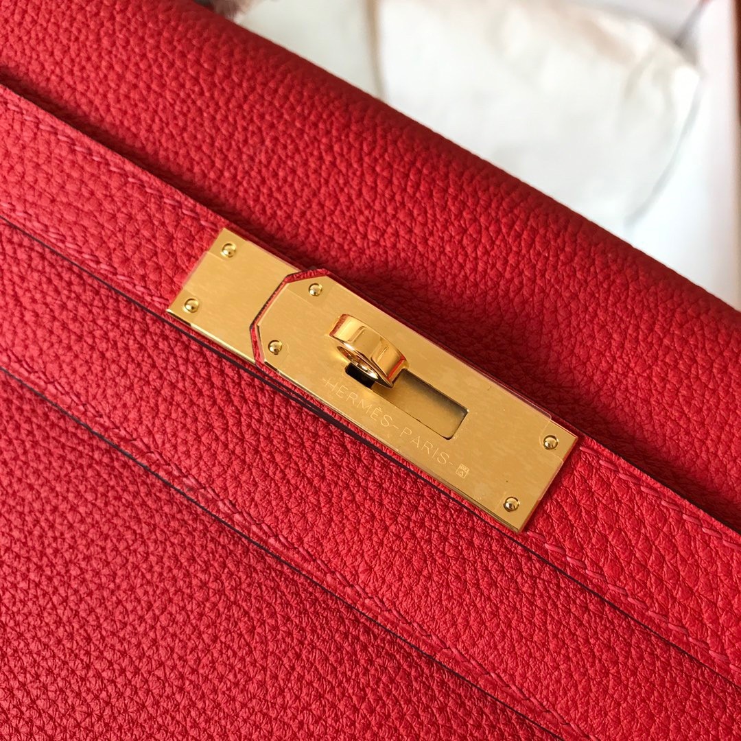 H**mes kelly retourne 28 handmade bag in red clemence leather