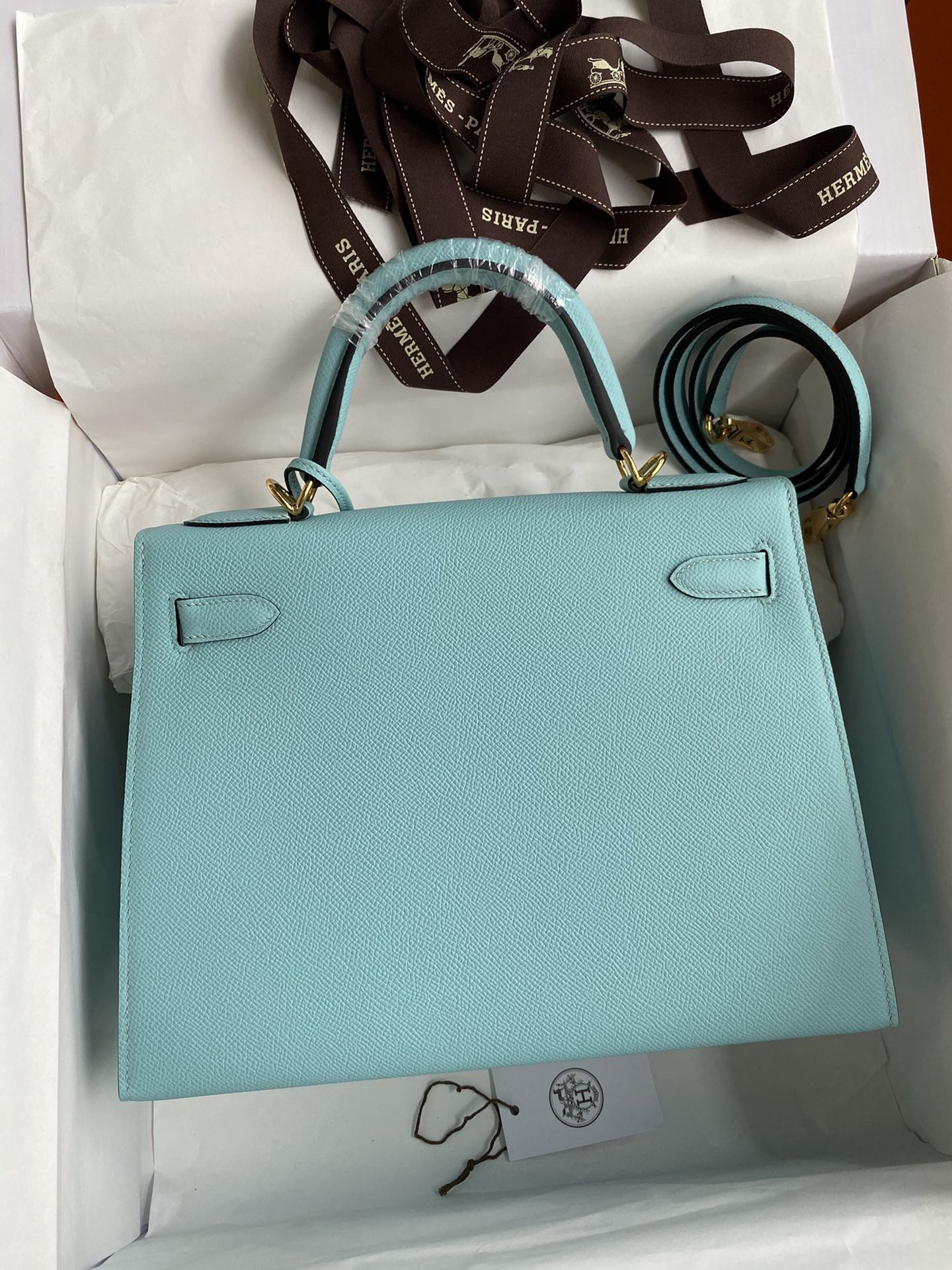 H**mes kelly sellier 28 handmade bag in blue atoll epsom calfskin