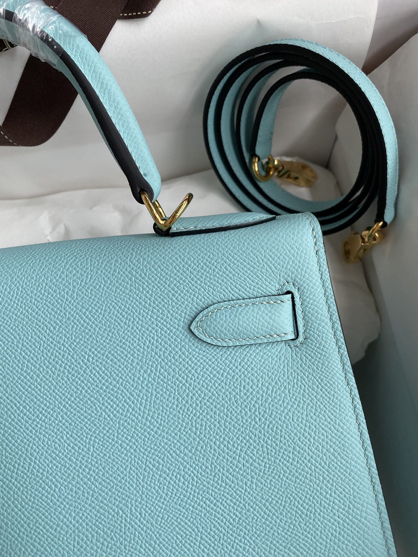 H**mes kelly sellier 28 handmade bag in blue atoll epsom calfskin